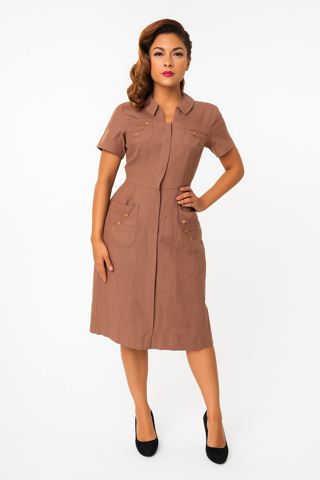 Vintage 40s 50s Brown Dress Size S Button Detail Sheath Secretary Wiggle Lampl