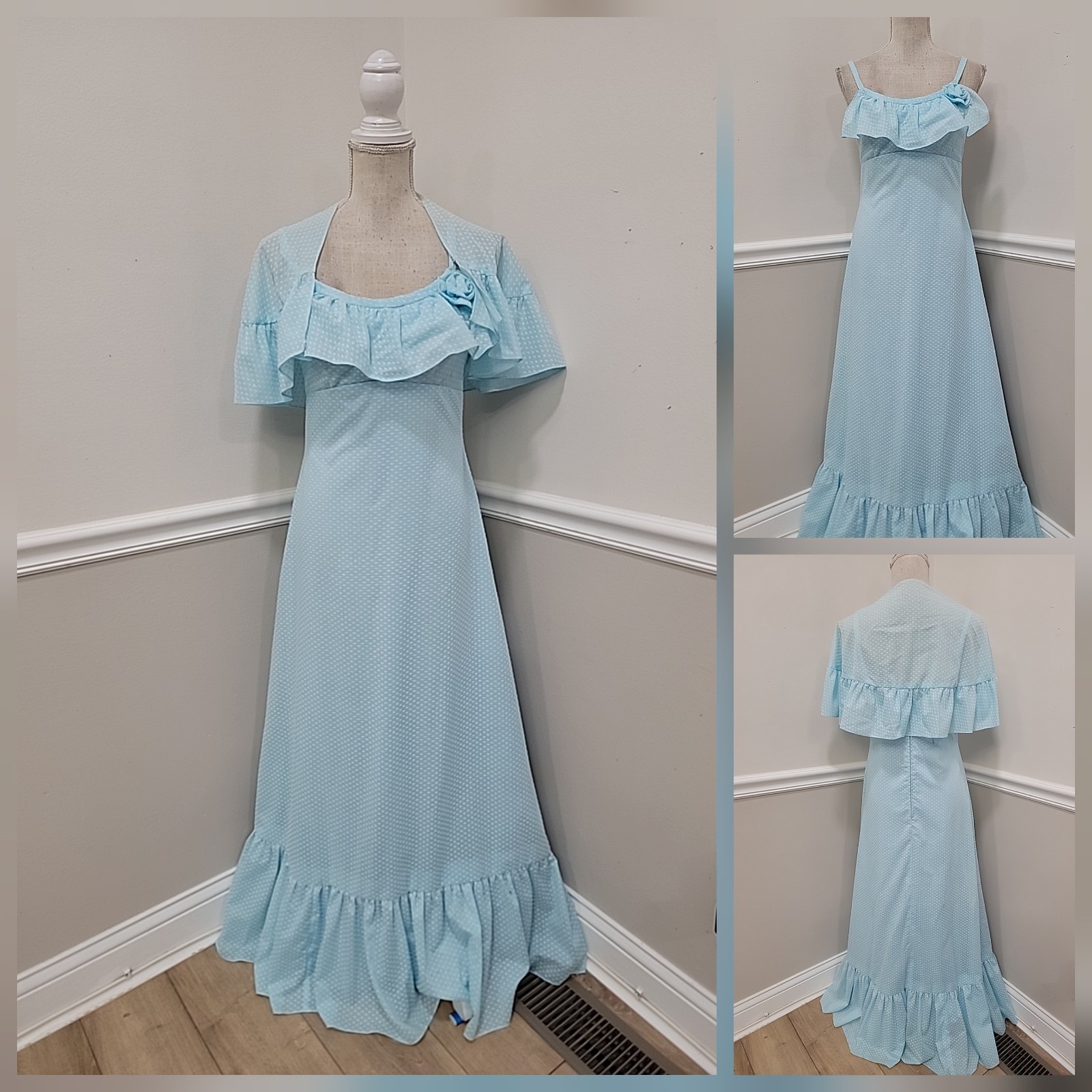 Vintage 60’s Prairie/ Flocked Polka Dot/Ruffle Cape/Maxi Hostess Dress
