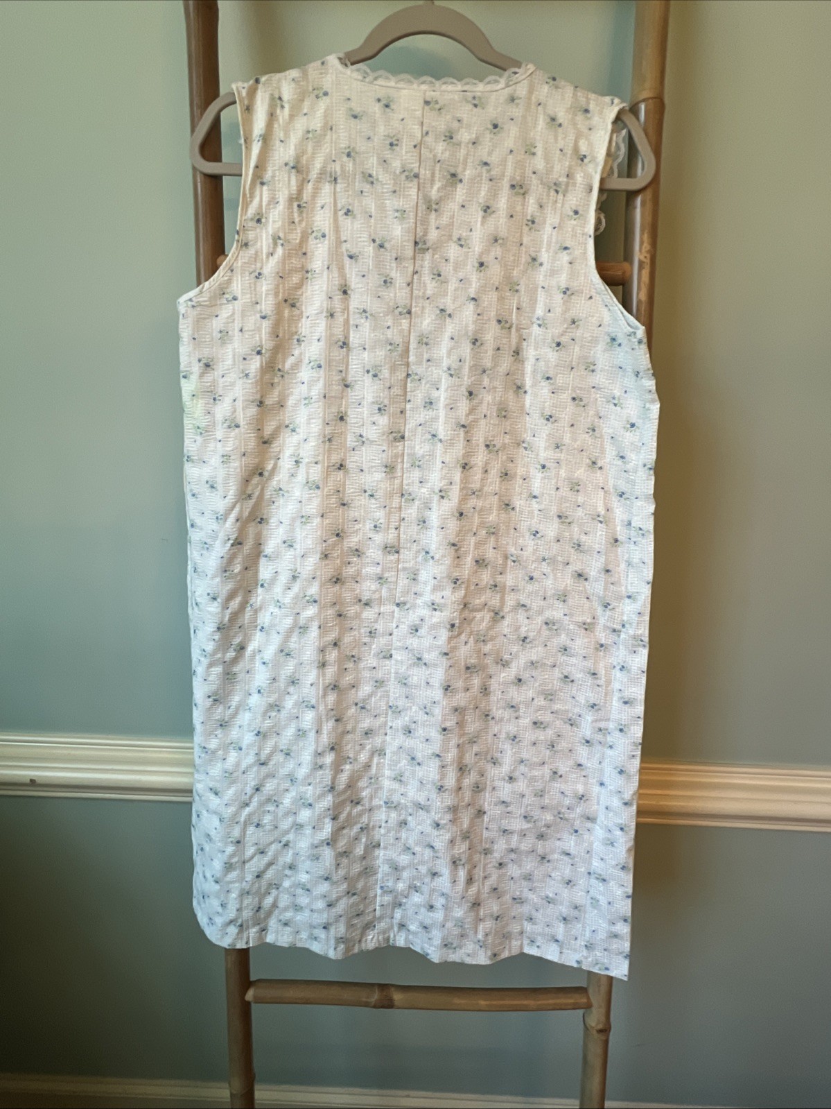 Vintage Nice n Easy Blue Floral Cottagecore Nightgown Lace Yoke Bow Womens M USA