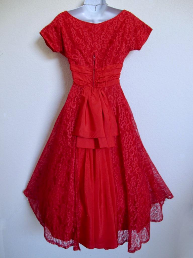 Vintage 50s Valentine Red Lace Party Dress XXS Full Skirt Bustle Back Wasp Waist