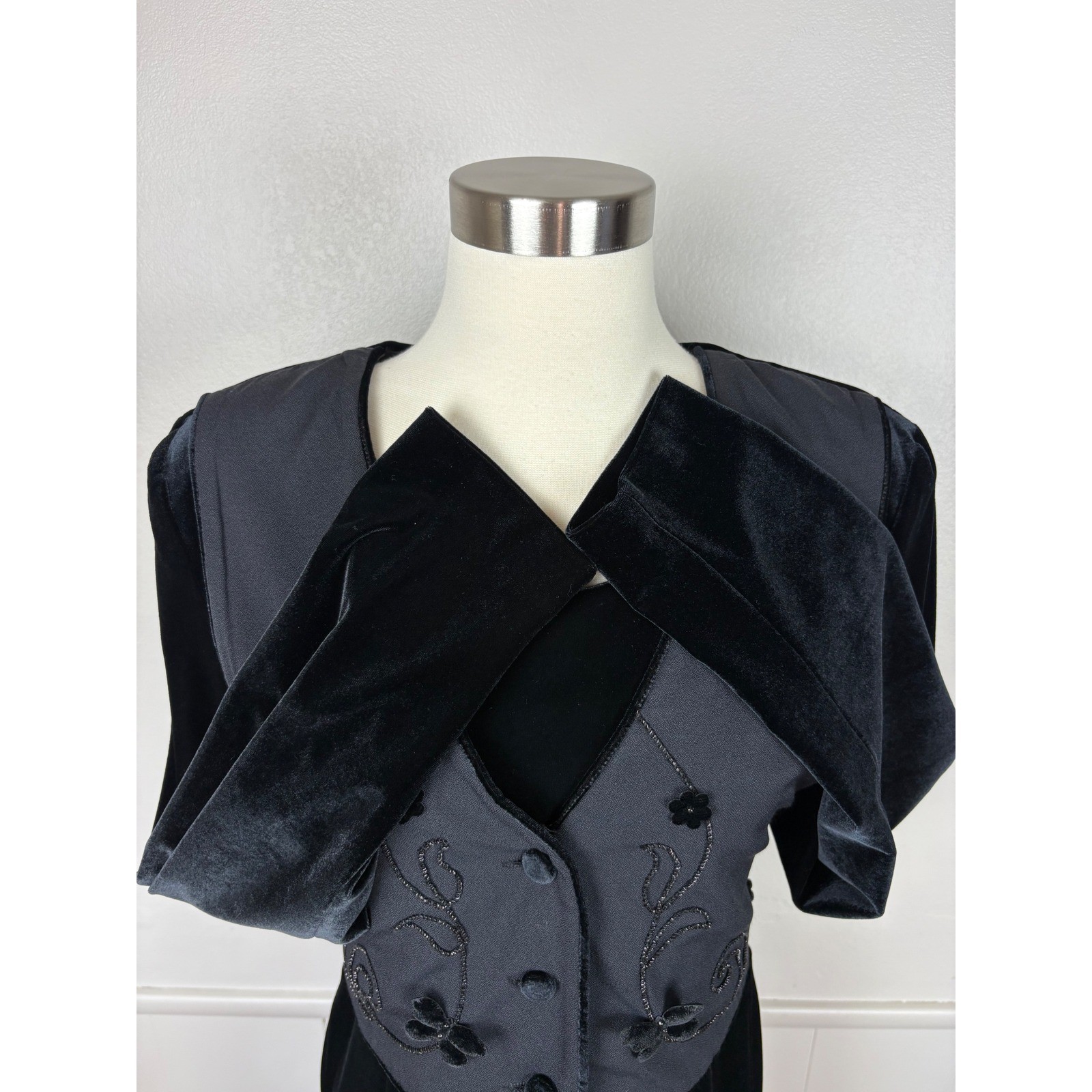 J.B.S. Ltd Vintage Velvet Midi Dress with Beaded Faux Vest Sz 12 Modest 80s 90s