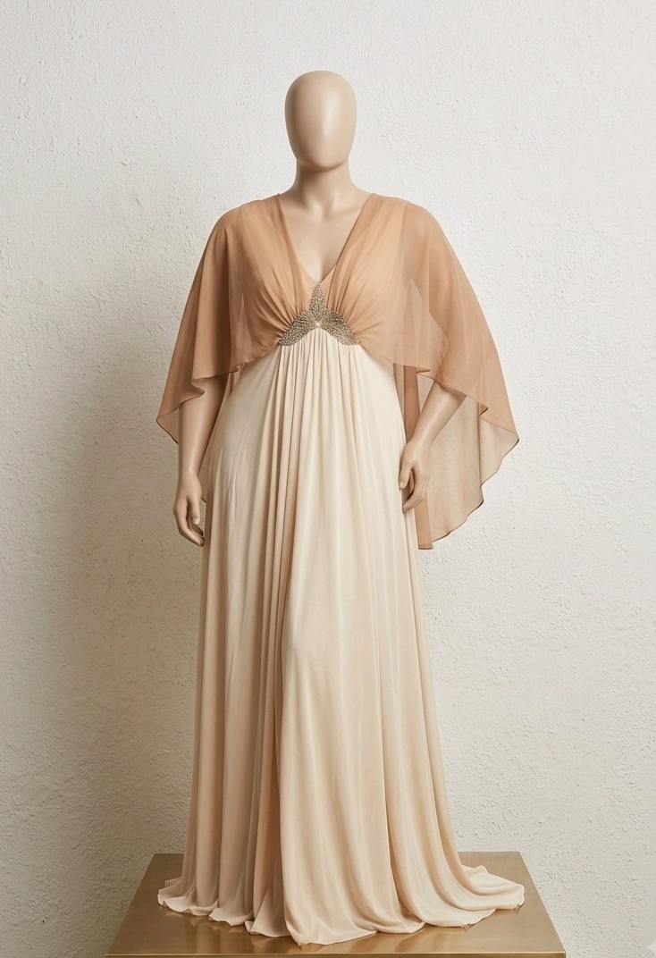 1960s Vintage Chiffon Cape Gown Size 14 / 16 Glass Beaded Wedding Dress Couture