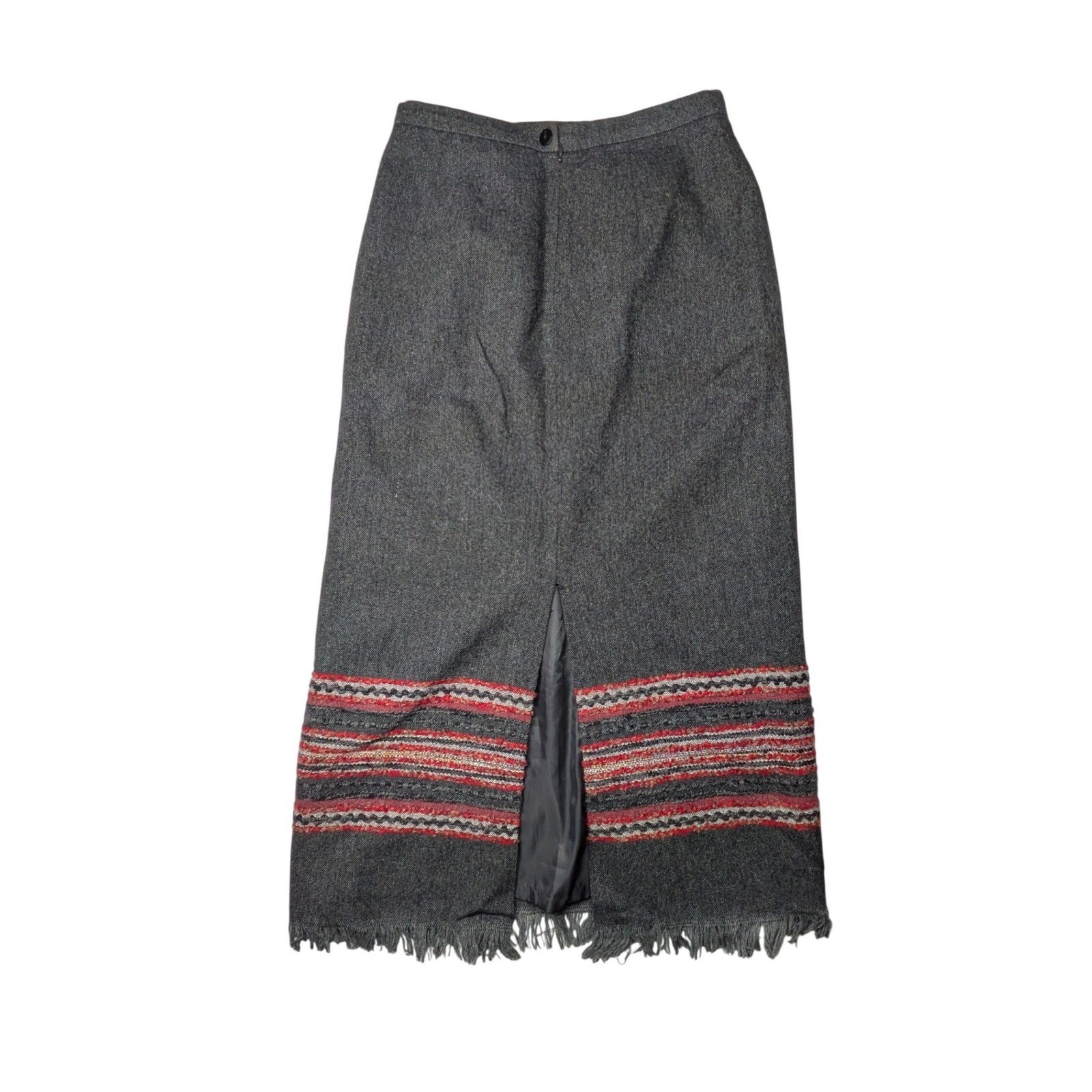 Sag Harbor Petite Vintage Wool Blend Maxi Skirt Gray Red Fringed Tweed 4P