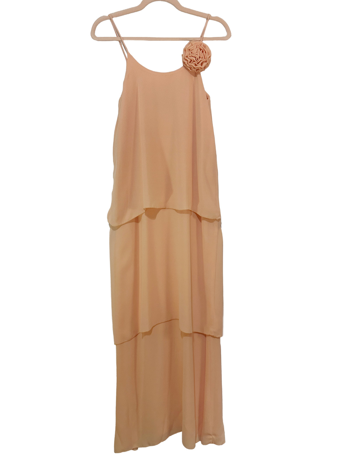 1970s Enrico Serrati Apricot Tiered Chiffon Maxi Dress w Shoulder Rosette Fit xS