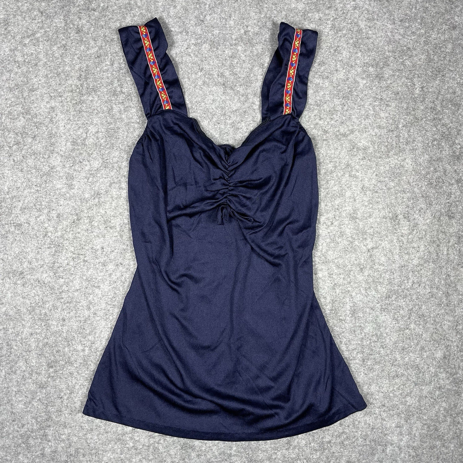 Vintage 1970s Enkalure Nylon Ruched Bust Tank Top Folk Ribbon Trim Blue Small