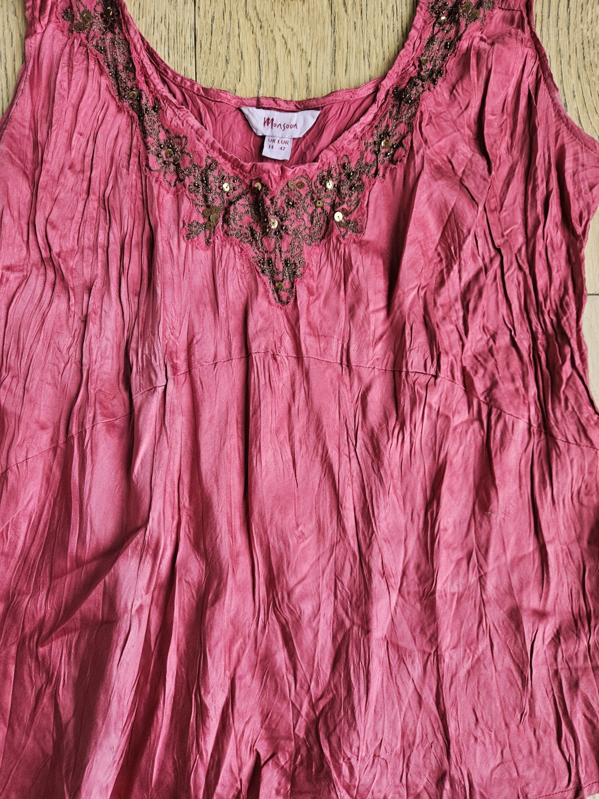VTG Y2K Monsoon 100% Silk Embellished Rhinestone Bias Cut Cami Top And Skirt Set