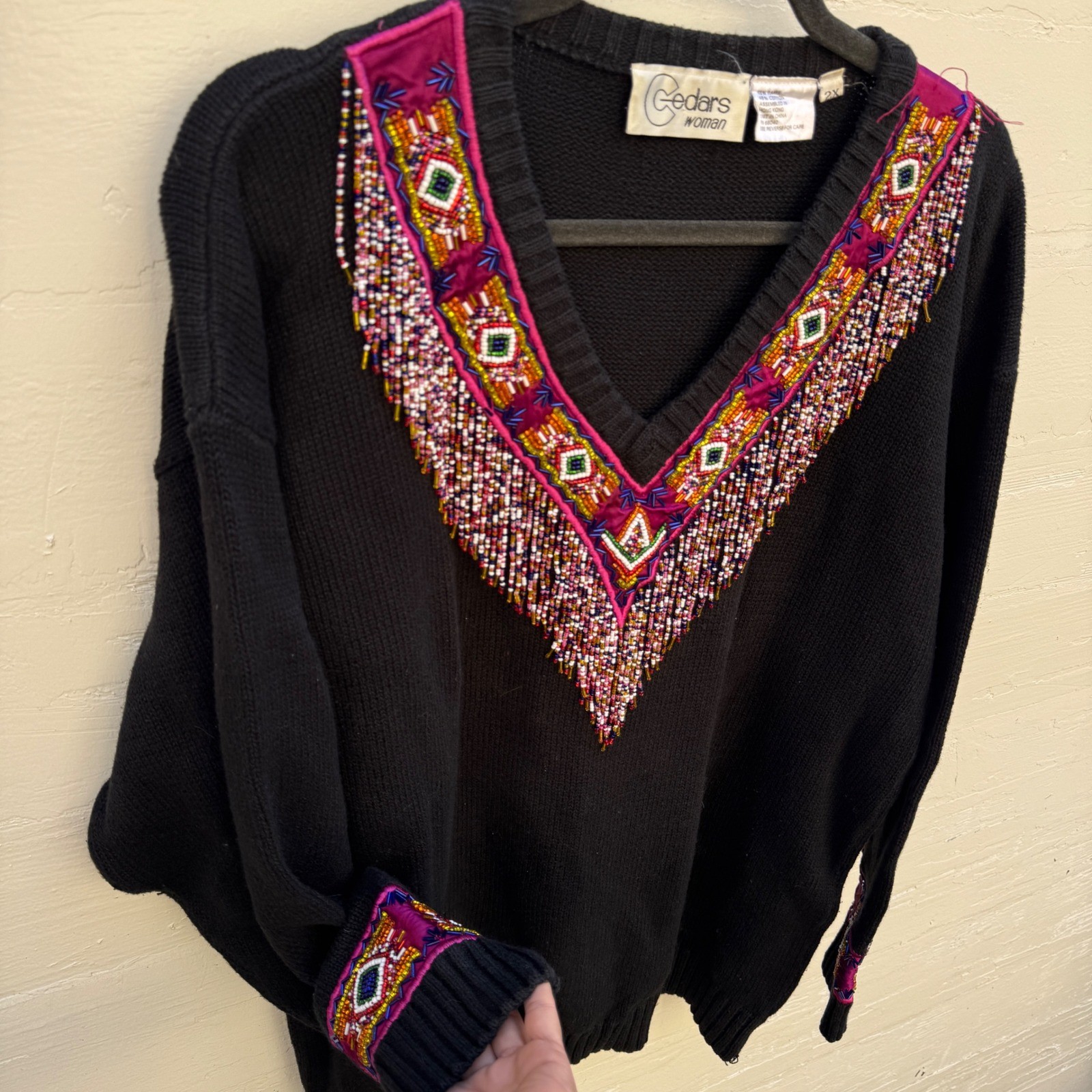 Cedars Woman Vintage Beaded Fringe Sweater XL 2x Black Southwest Art to Wear