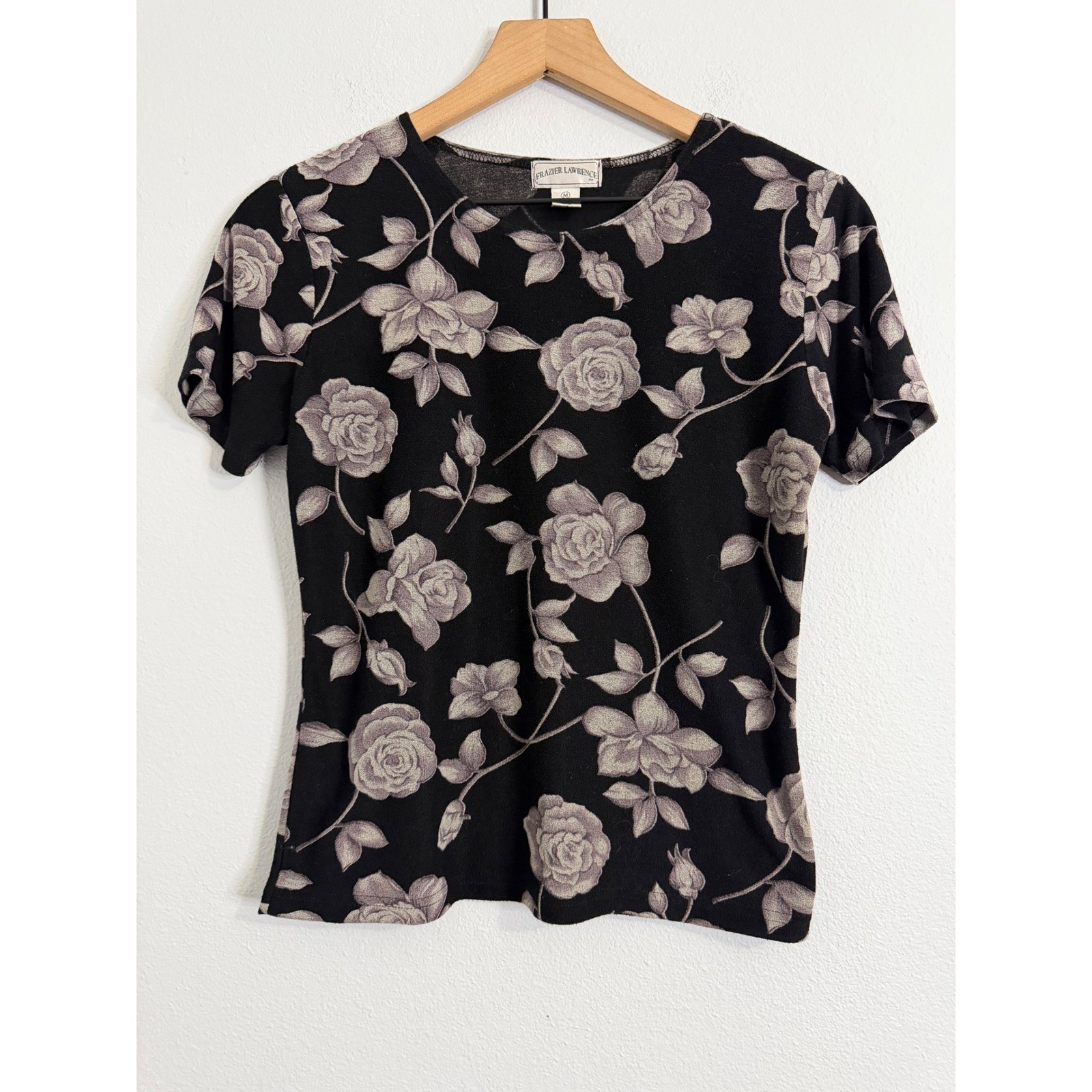 Vintage 90’s Frazier Lawrence – Black and Silver Rose Floral Top Size M
