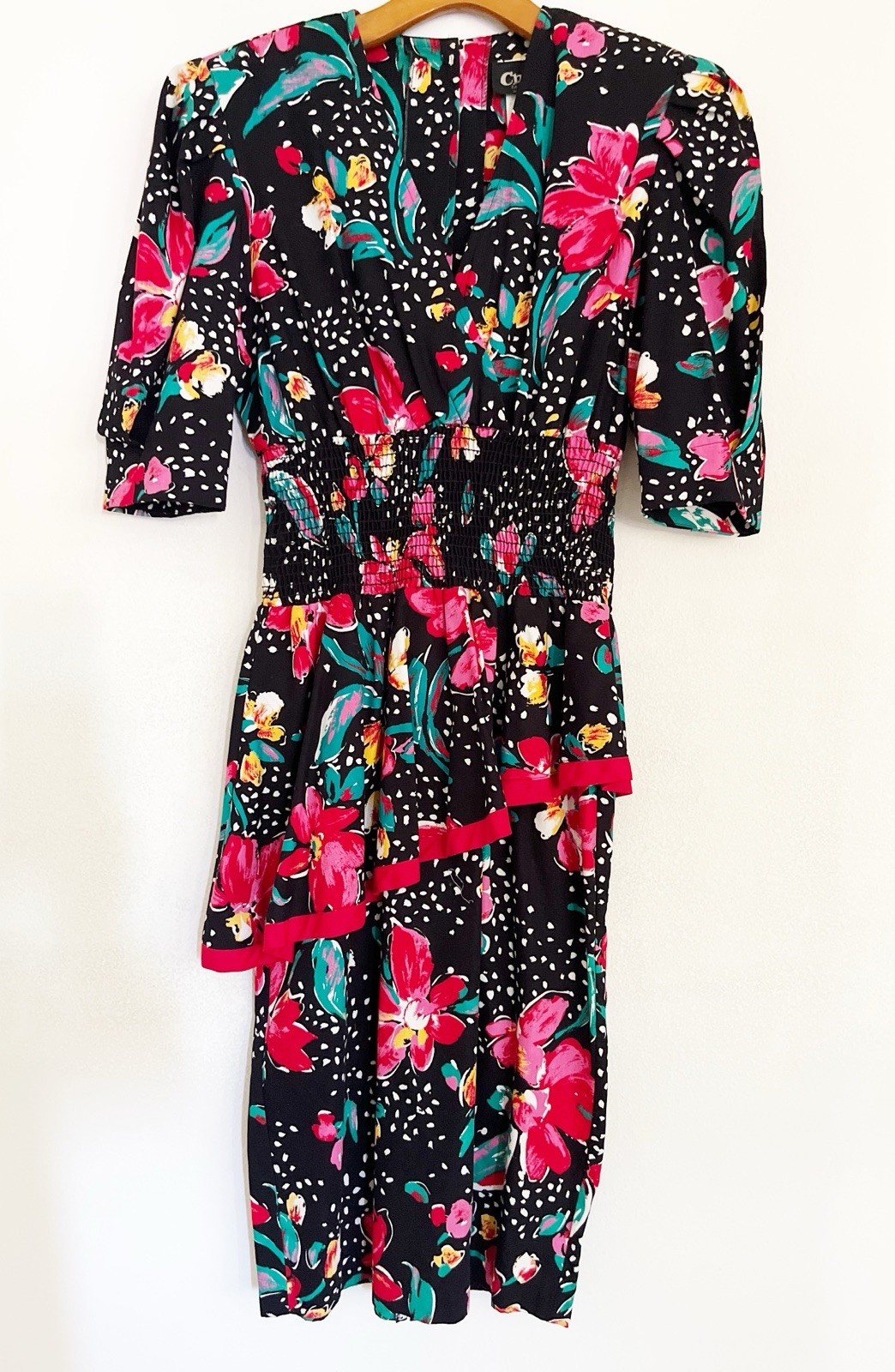 Vtg 80s Choon California USA Dress Women 6 Black Floral Print Peplum Cotton