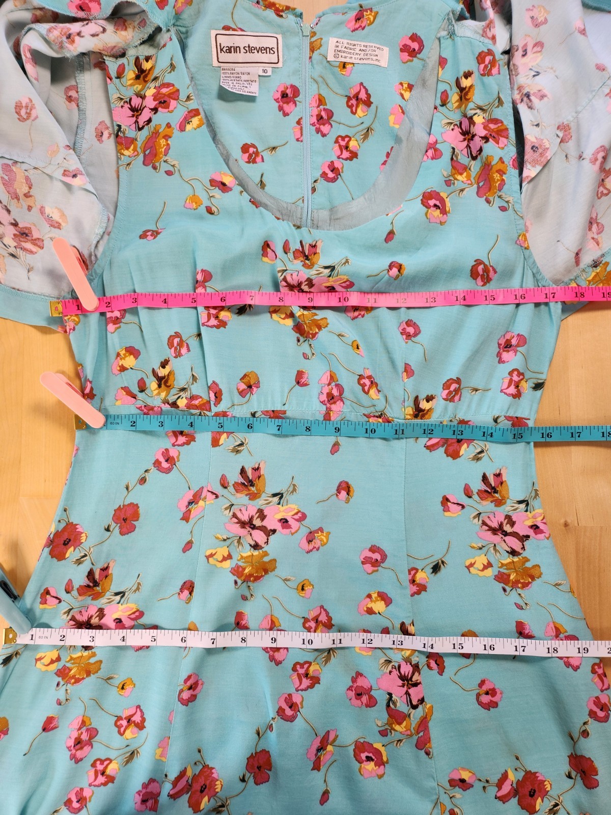 Vtg 90s Cherry Blossom Aqua Jacket Maxi Dress Karin Stevens Sz 10/Medium