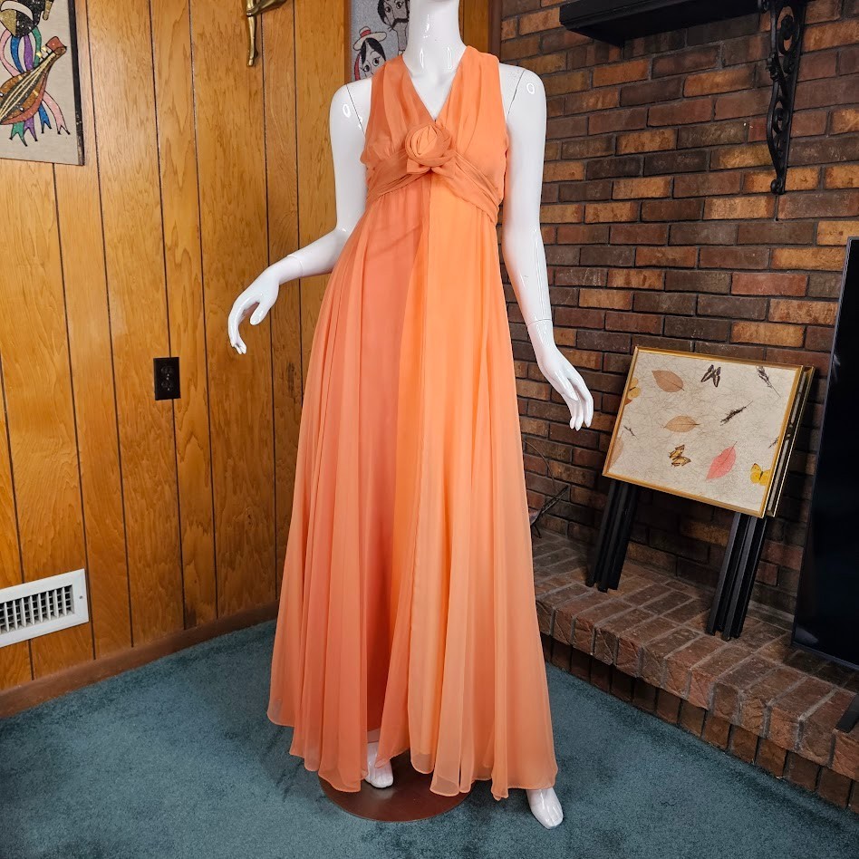 Vtg 70s Peach Chiffon Formal Maxi Dress Rosette Prom Bewitched Party Wedding S