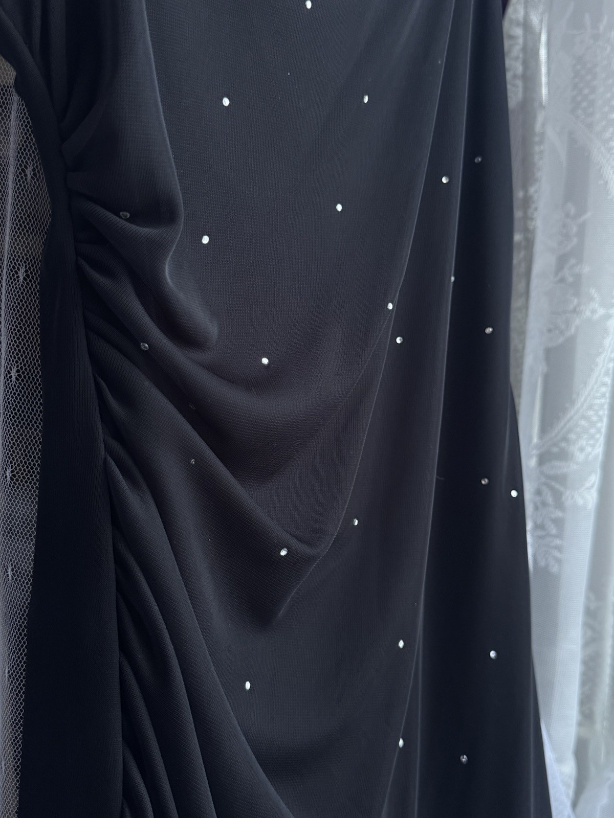 90’s Y2K Vintage Black Rhinestone Jumpsuit Sheer Overlay Made In USA, Size XS-S