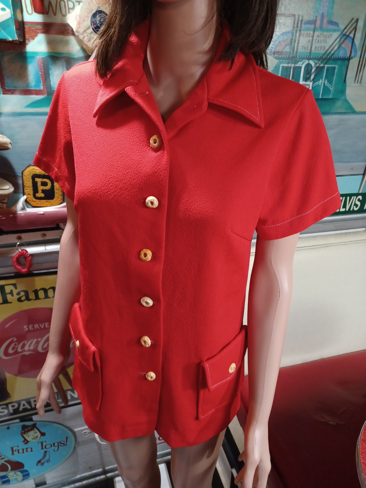 True VTG Mod Mid-century 1960s 1970s 100% Polyester Button-up Shirt Jacket Red M