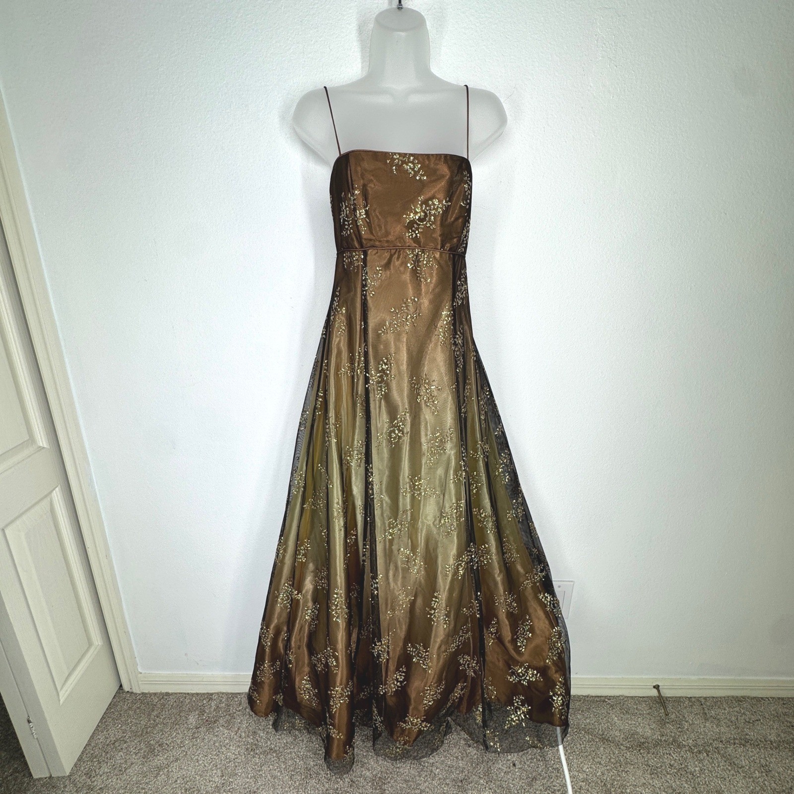 Blondie Nites Vintage Brown Babydoll Glitter Mesh Formal Gown Dress 7 Homecoming