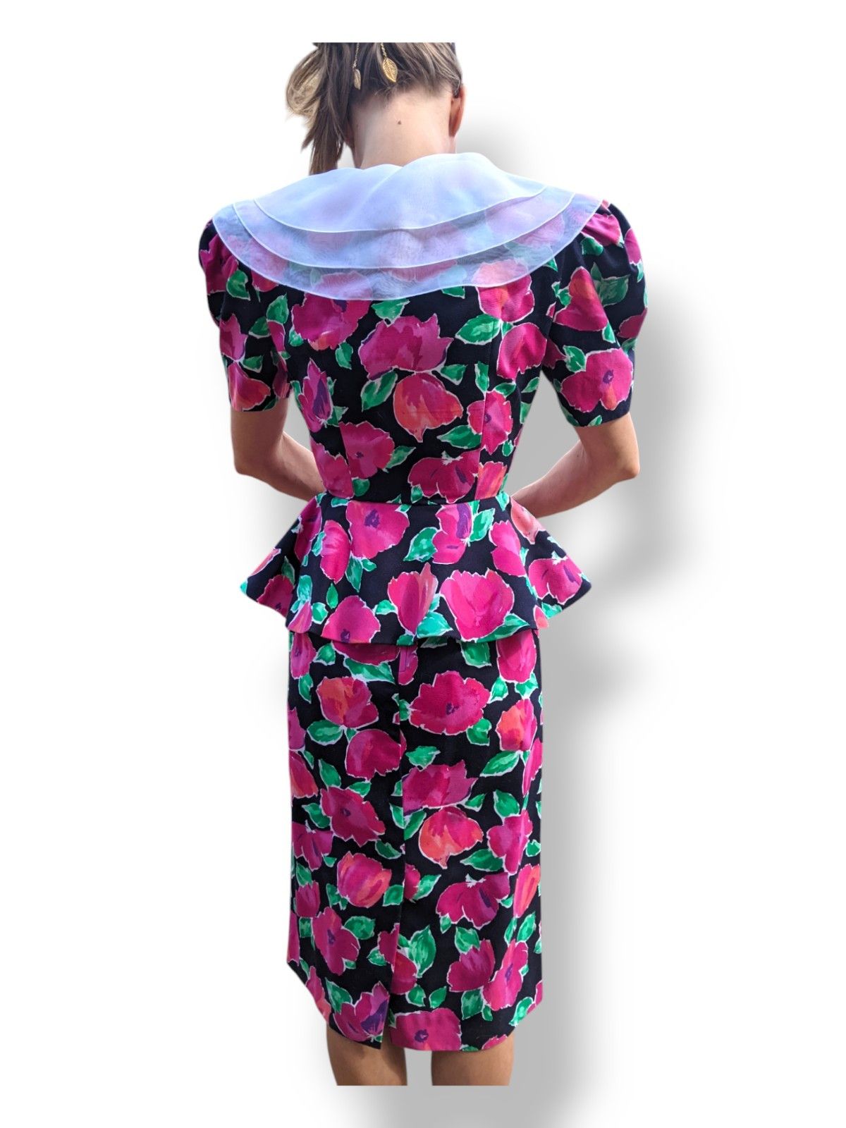 Vtg Leslie Fay 80s Peplum Jacket Top Chiffon Collar Rose Floral Easter Suit Sz 4