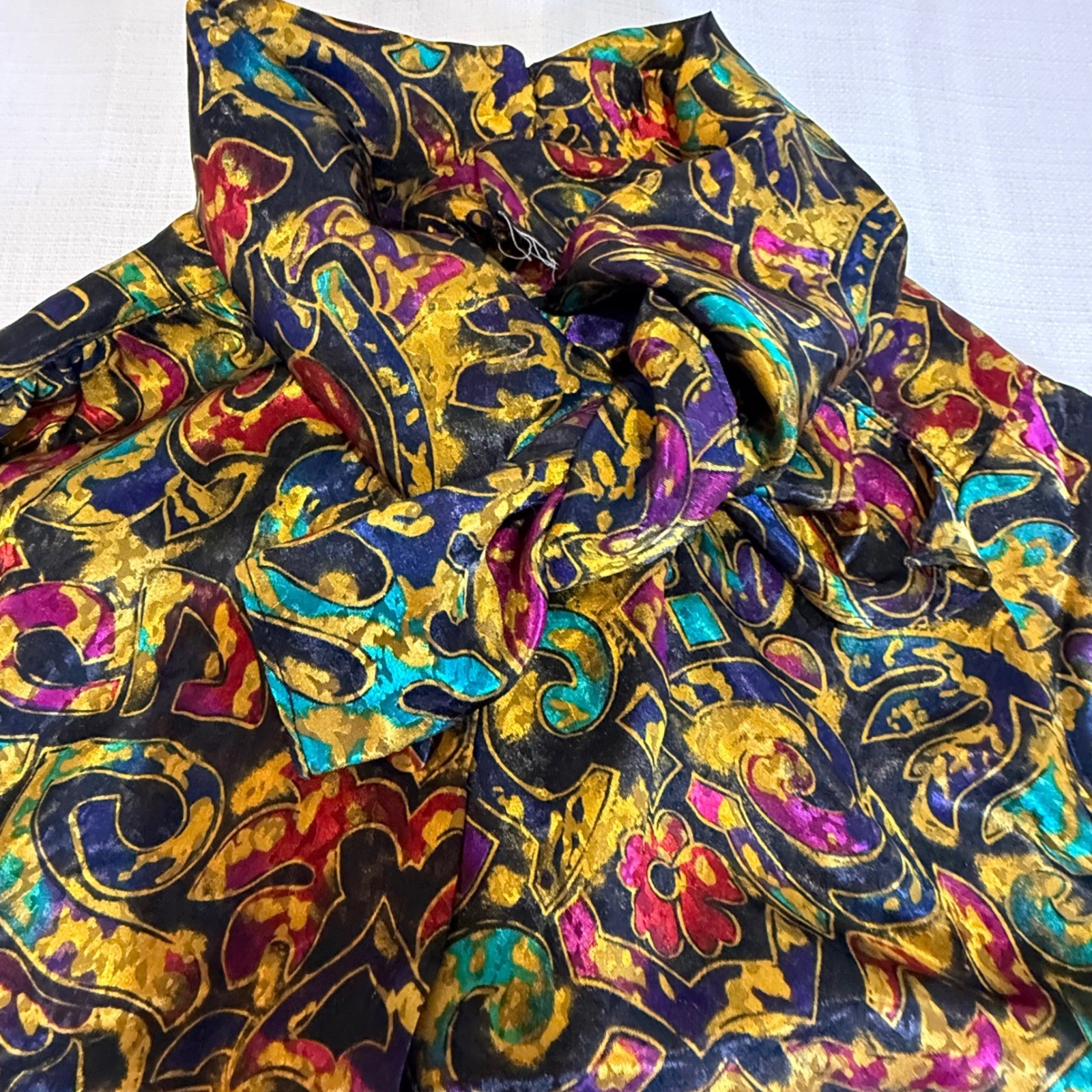 Vintage Jewel Tone Baroque Paisley Satin Pussybow Tie Neck Blouse Top