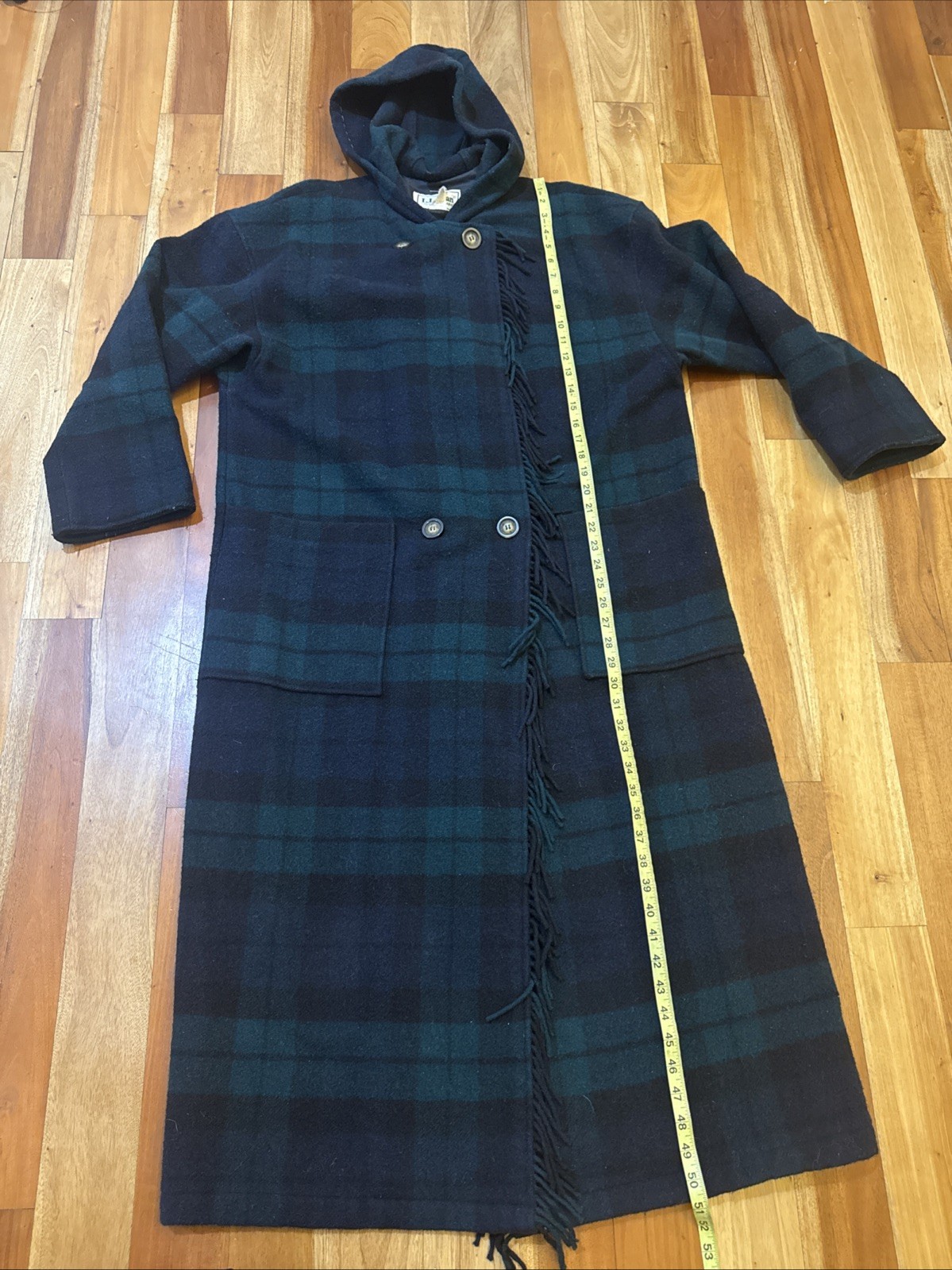 VTG 80s L.L. Bean Plaid Tartan Green Multi Fringe Wool Coat Hood Womens Large