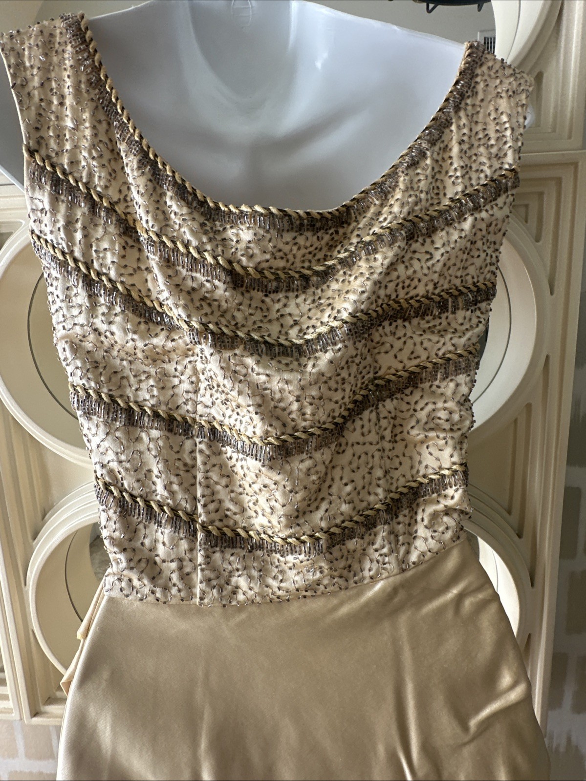 Ceil Chapman 50s Patented Champagne Gold Satin & Beaded Bustier Sarong Gown XS