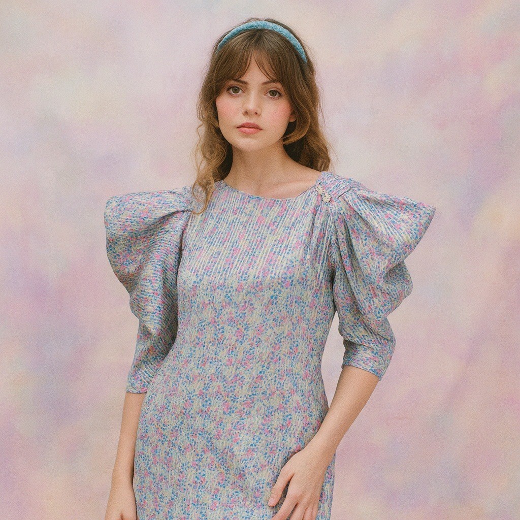 Vintage 80s Ala Carte Pleated Dress Flutter Puff Peek Shoulder Micro Floral