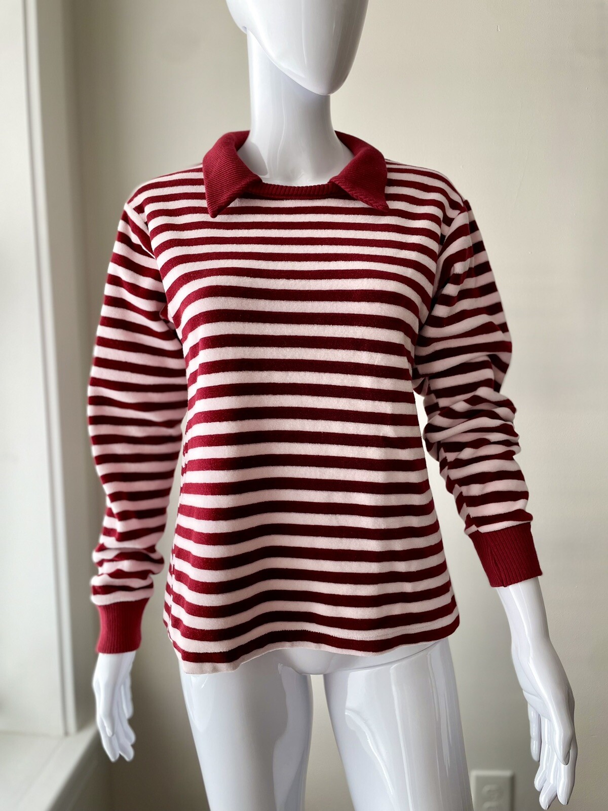 Vintage 70s Cotton Velour Top Pink Red Striped EUC Collar M
