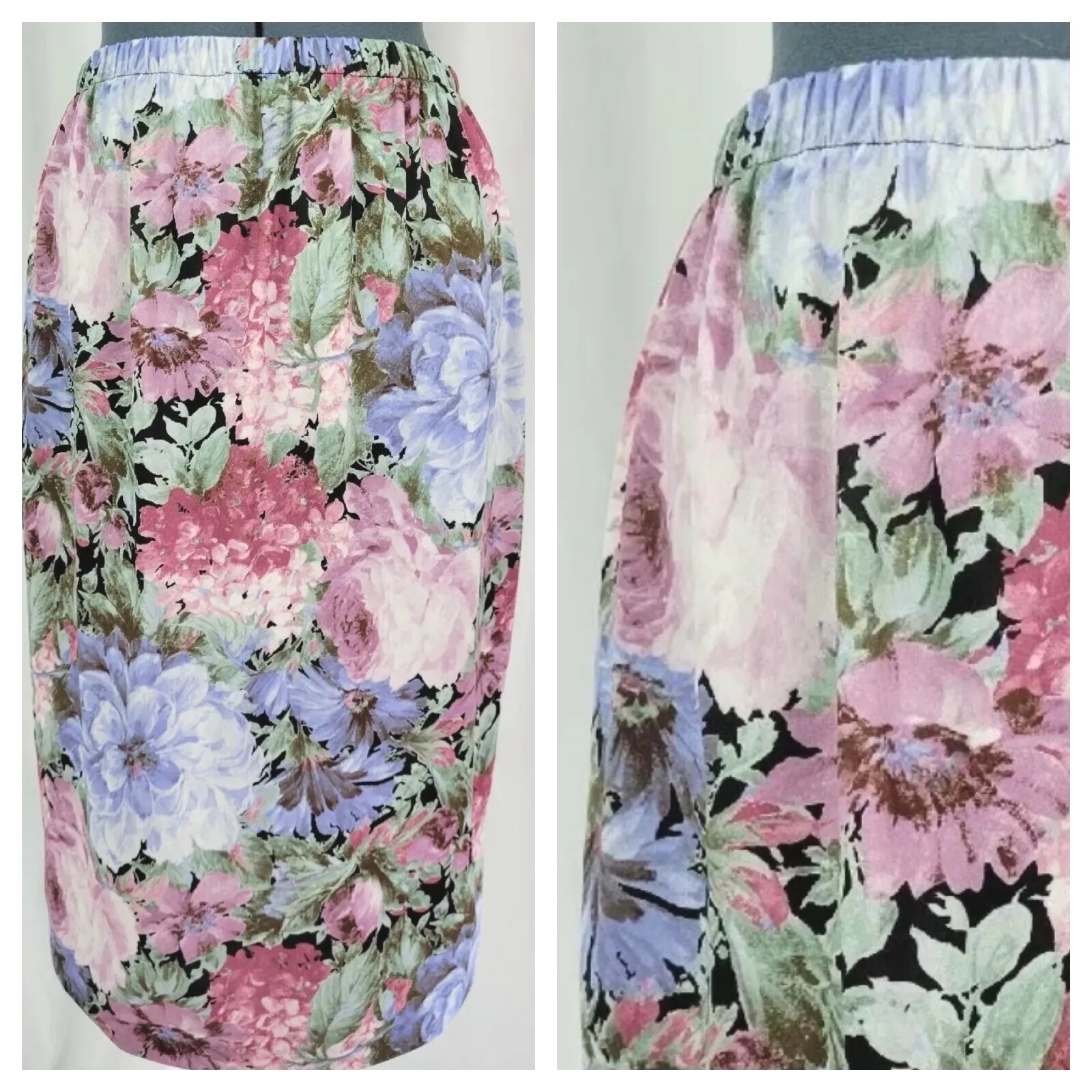 Vintage Pink/Purple/Green/Black Floral Elastic Waist Skirt Size 14