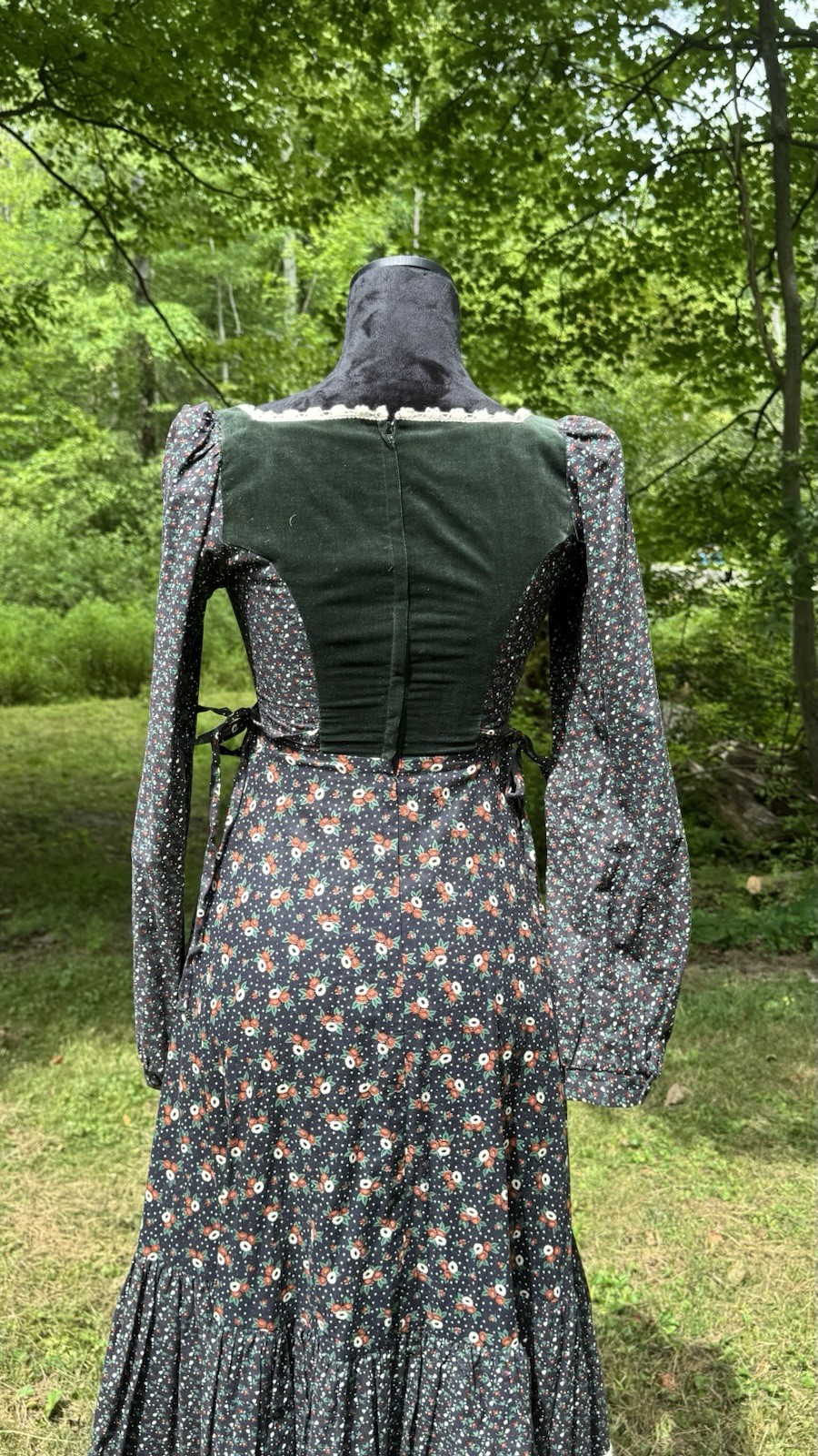 Gunne Sax Gunne Sax green velvet + floral print dress with lace up corset Small
