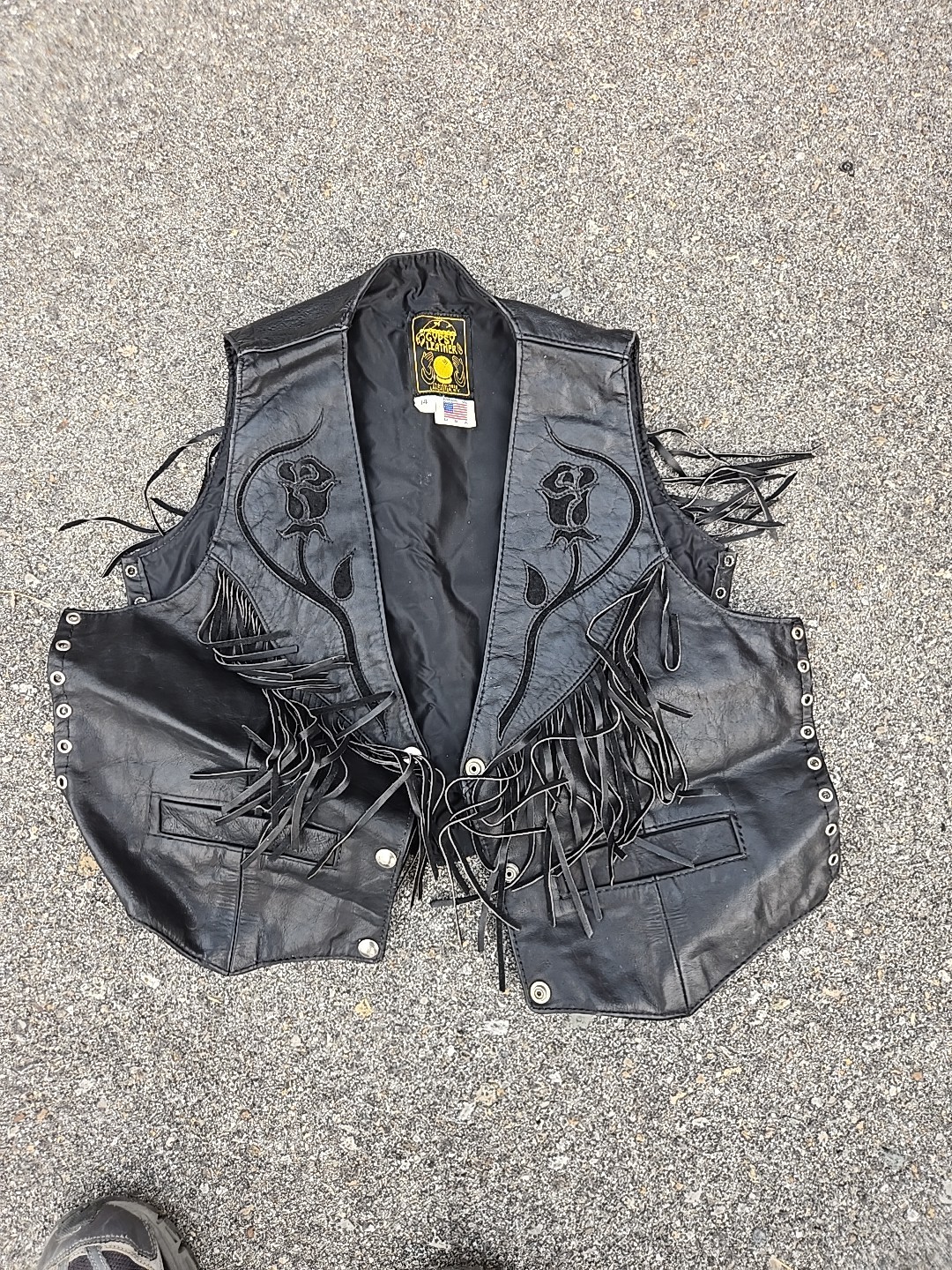 1970’s Gypsy Leather black leather etched fringe vest