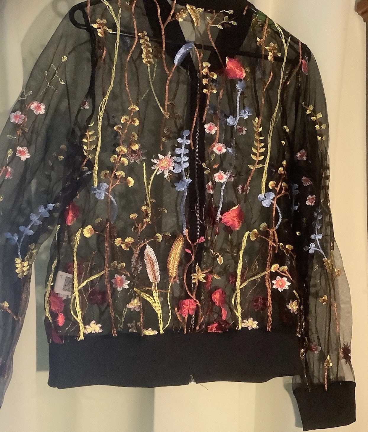 Embroidered Black Sheer Jacket Flowers Emory Rose Nylon Zippered Front Disco
