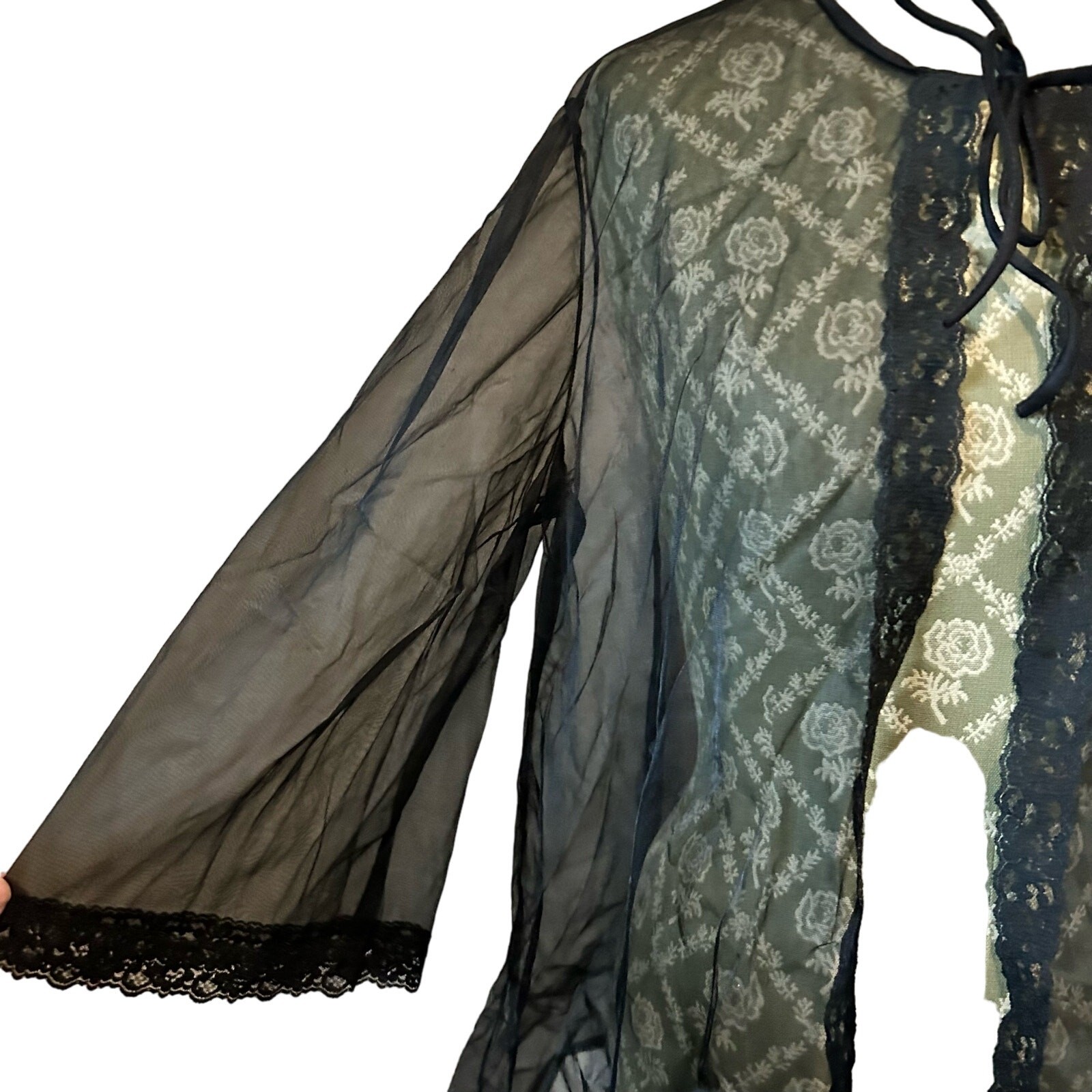 Vintage Black Sheer Lace Bell Sleeve Boudoir Jacket Pin Up Lingerie S/M
