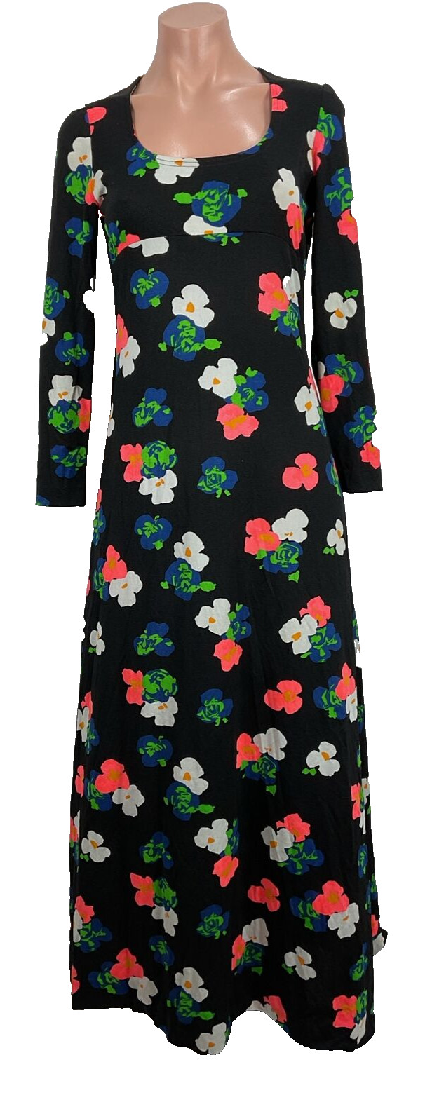 Vintage ACT 1 70s Psychedelic Floral Neon Empire Waist Long Sleeve Stretch Maxi