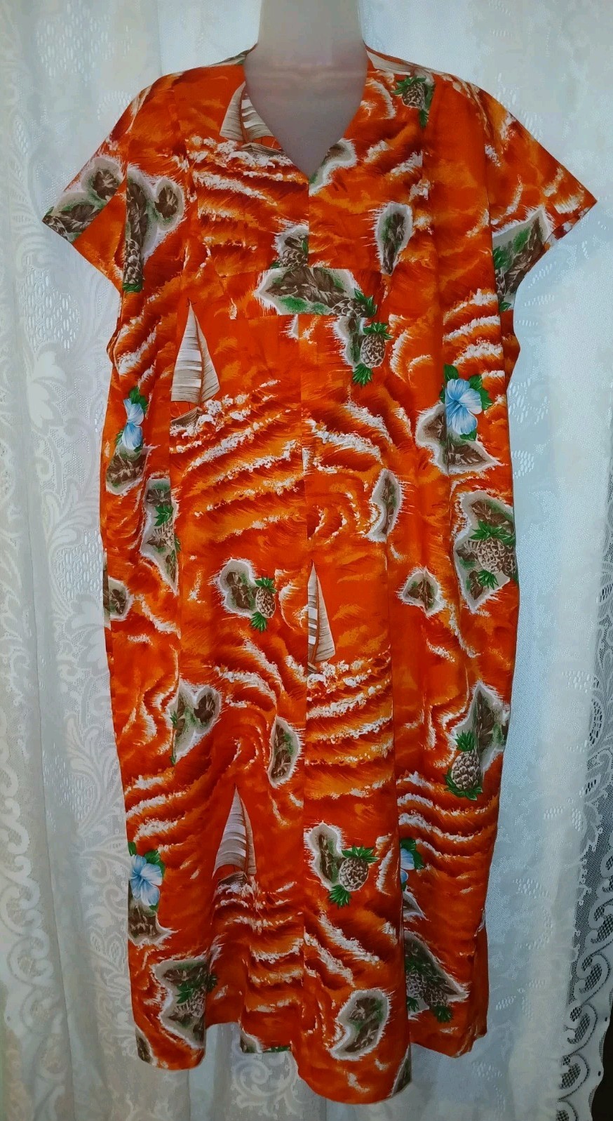 Vintage 70s Hawaiian Islands Pineapple Orange Muumuu Caftan Dress Tiki Oasis S/M