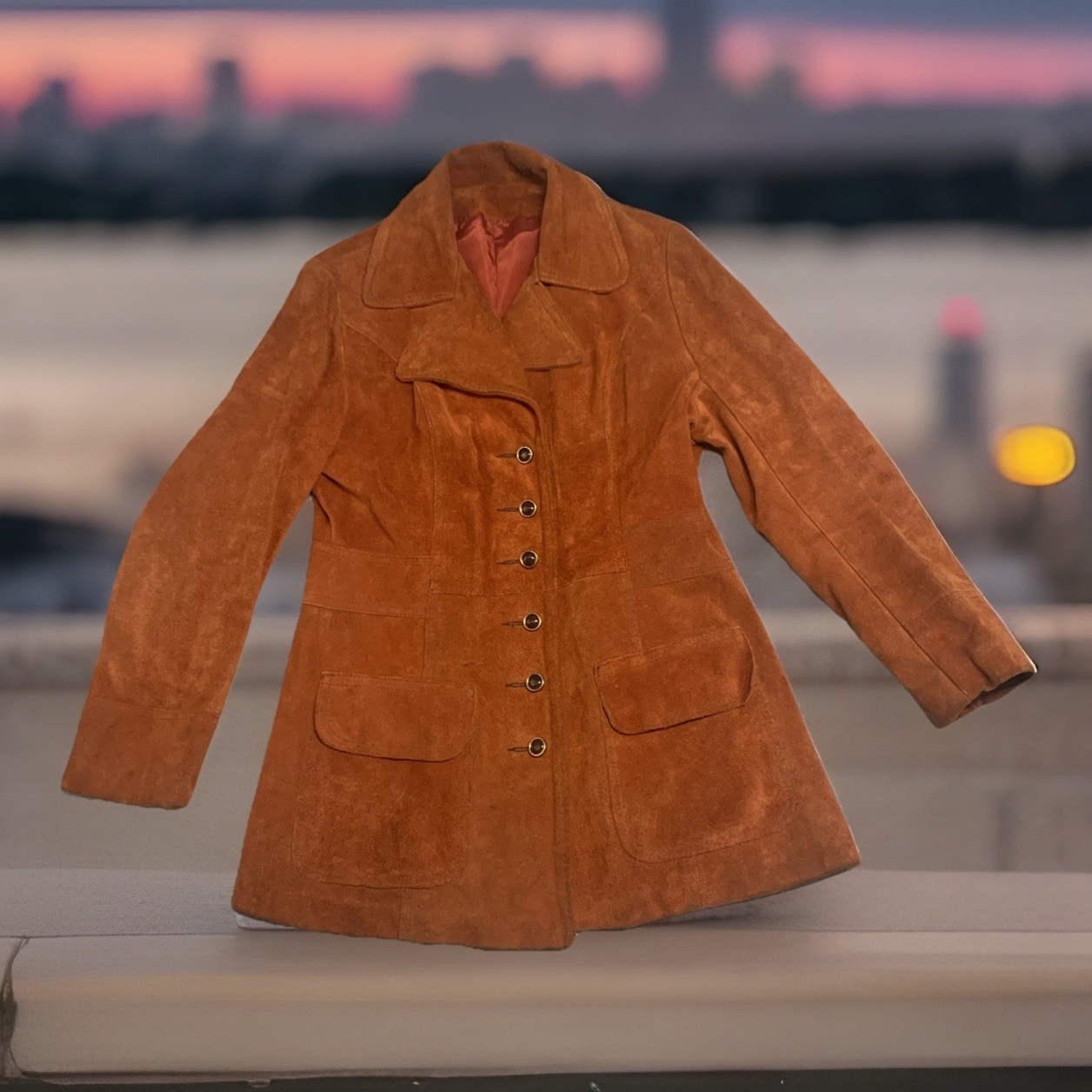 VTG 60s Suede Leather Jacket Coral Orange Tailored Slim Fit Notched Collar Boho