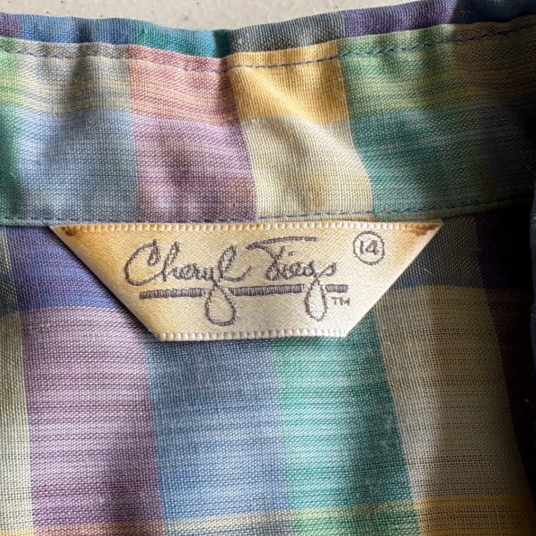 Cheryl Tiegs Rainbow Plaid Puff Sleeve Button Down Shirt Womens M Vintage 80s