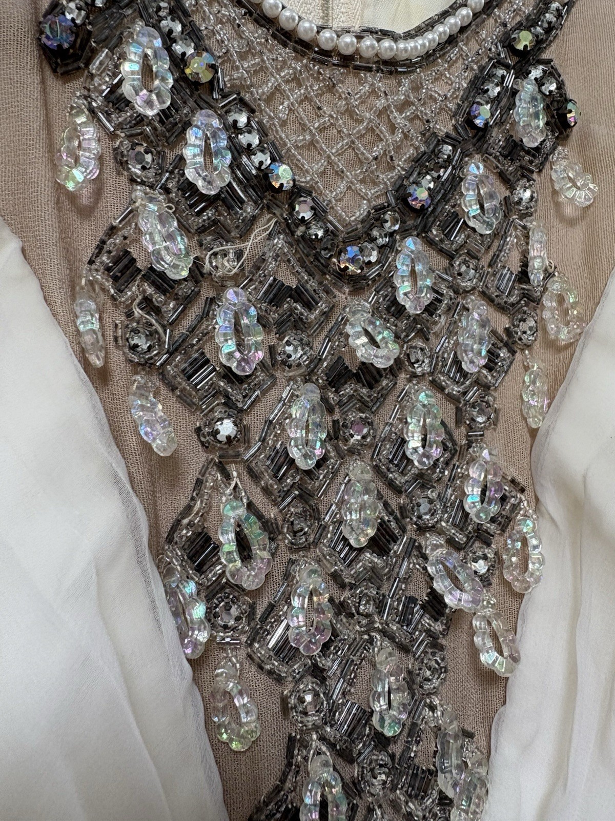Vintage 60s Jack Bryan Ivory Beaded Pleated Ruffle Cocktail Dress Gatsby S/M