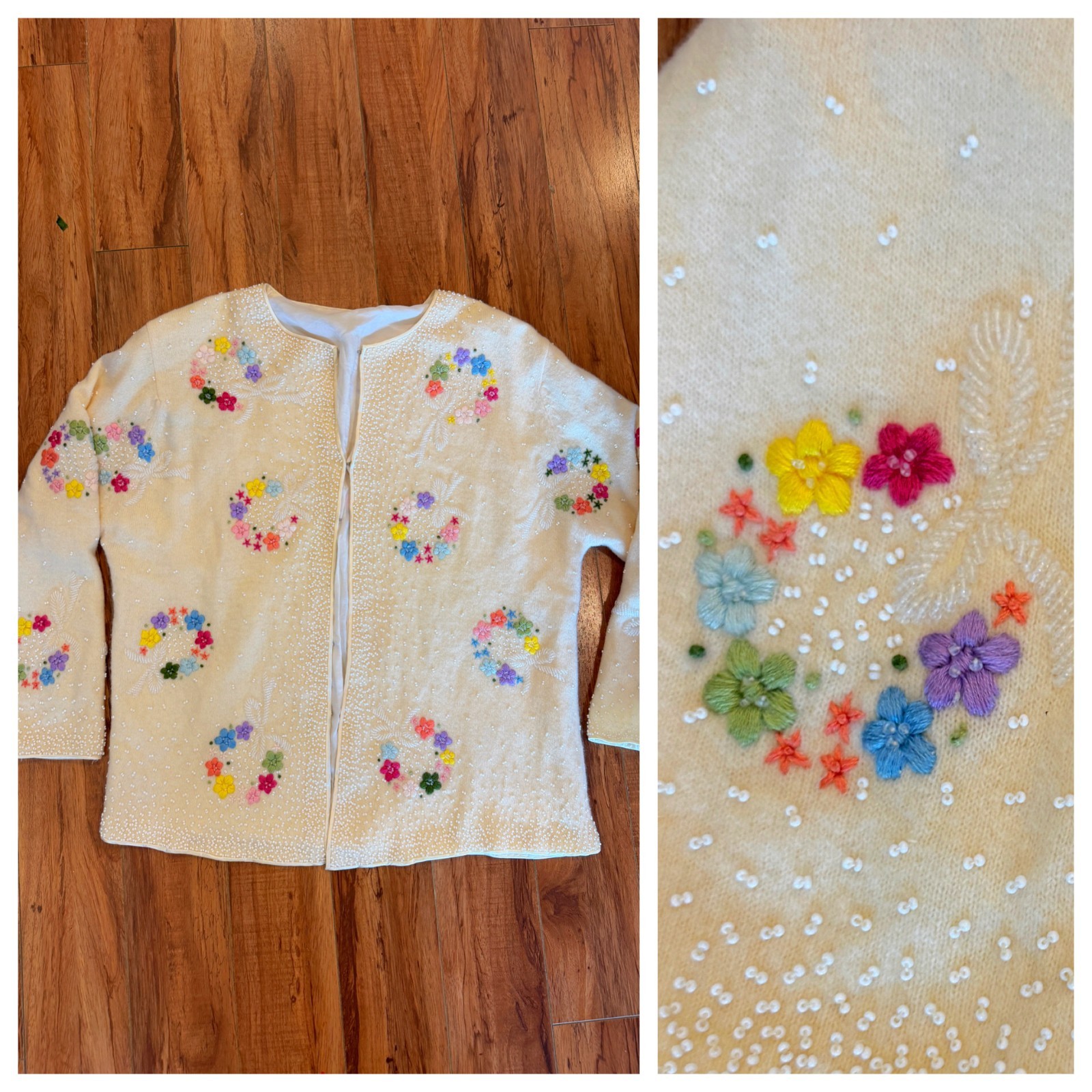 🧁 Vintage Beaded Floral Angora Blend Cardigan Sweater Pastel Pearlcore M