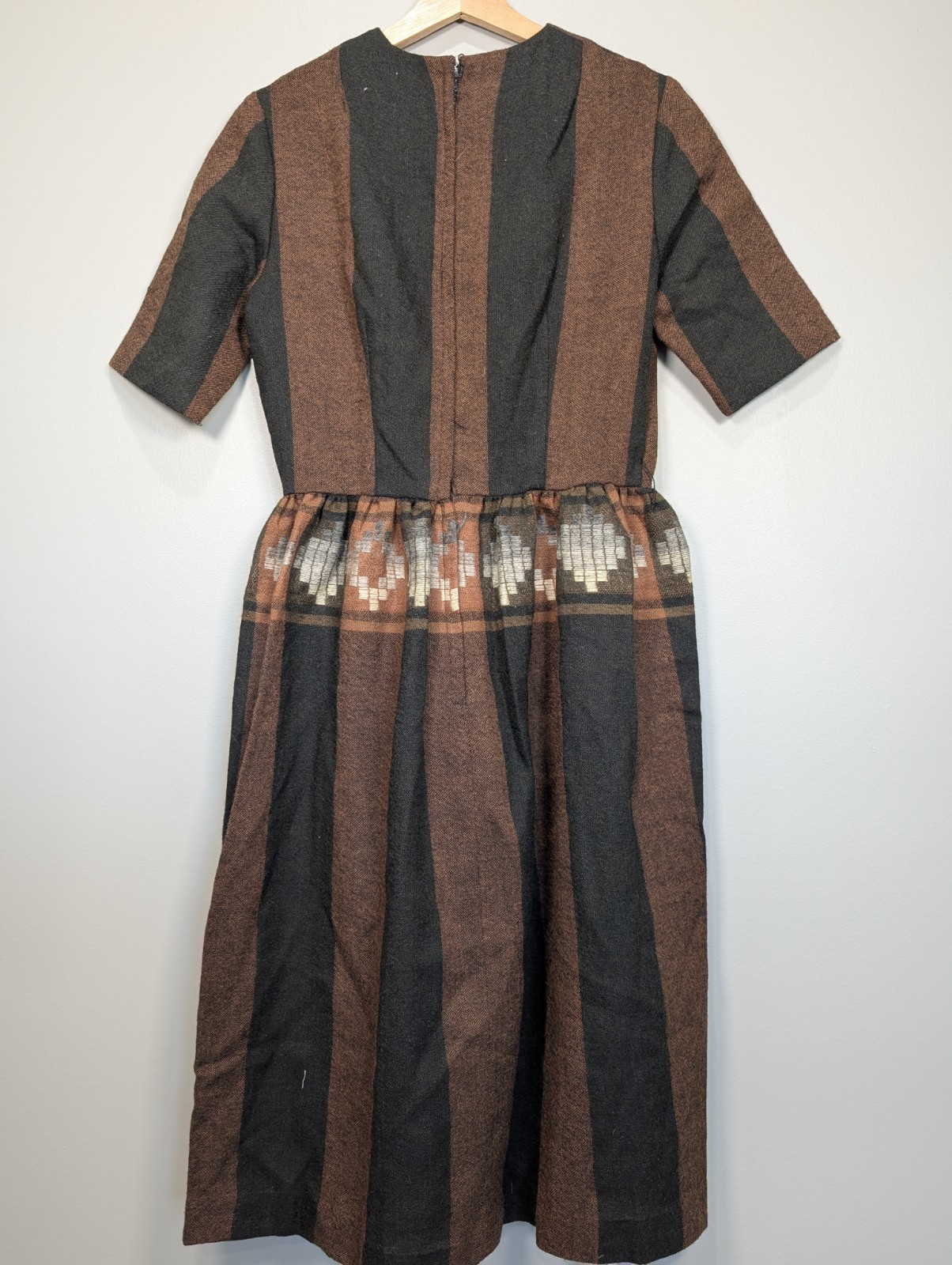 Vintage Southwestern Wool Blend Midi Dress Brown Grey Striped Geometric Waist