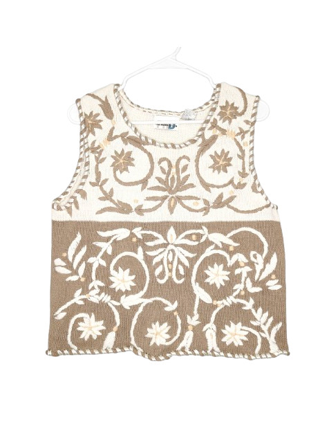 Vintage Paul Harris Design Ivory & Brown Embroidered Cropped Sweater Vest – L
