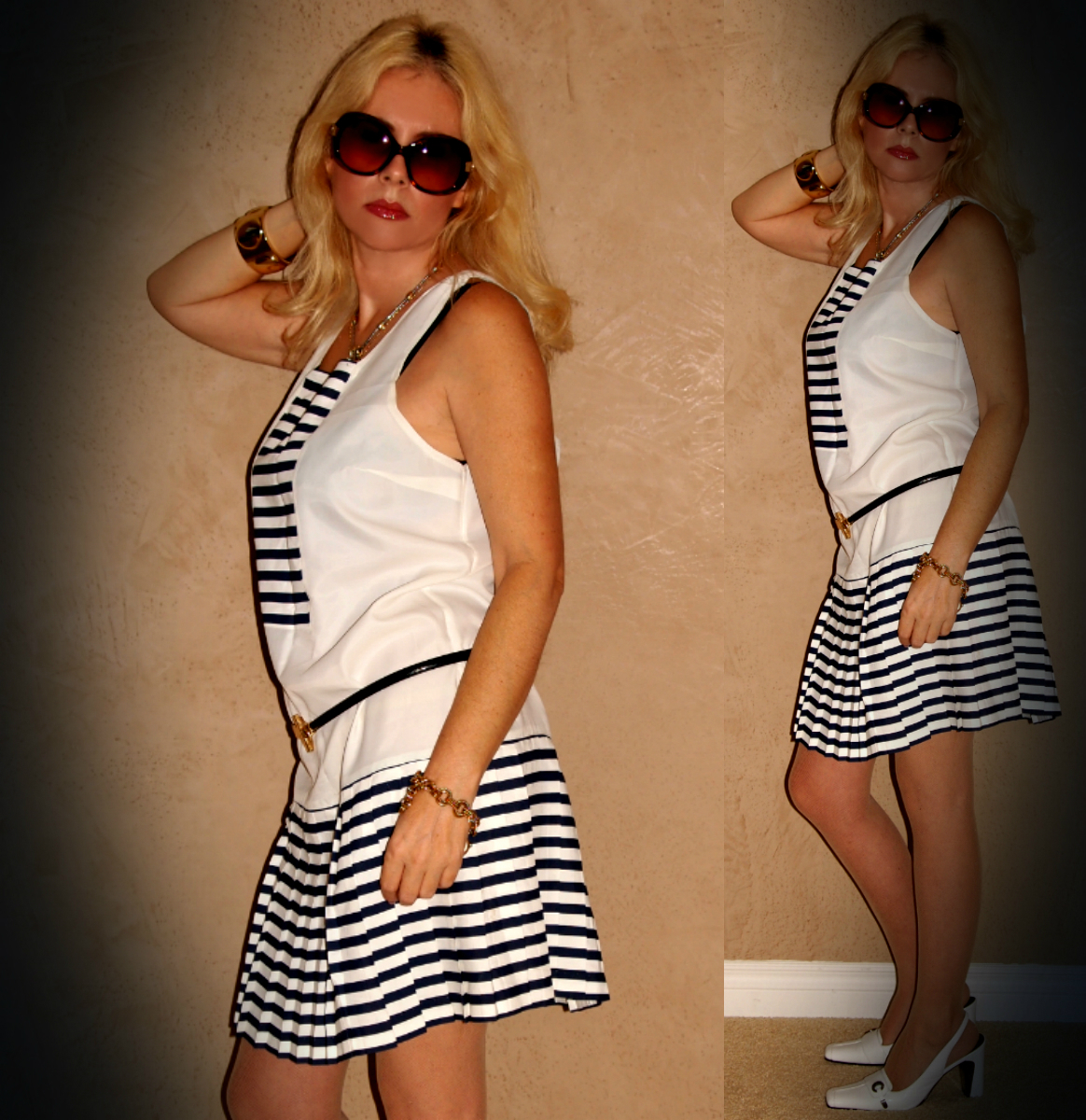 Vintage 50-60s SAILOR Nautical STRIPED White Navy PLEATED Mini PINUP Dress