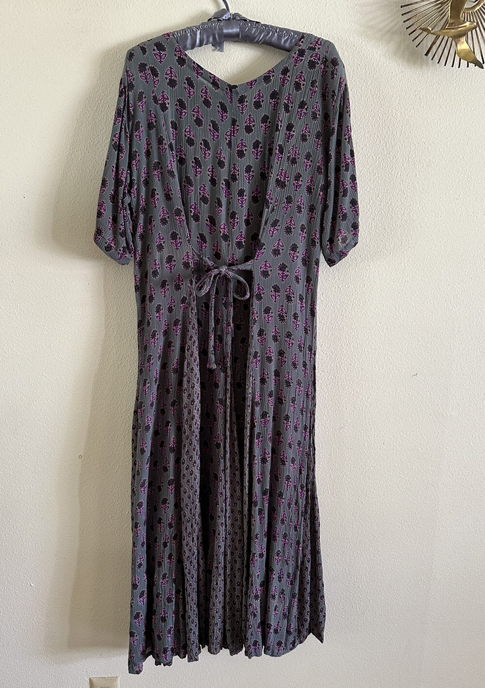 1990s Indian Block Print Rayon Gauze Tie Back Dress Grunge Floral Punk M 90s VTG