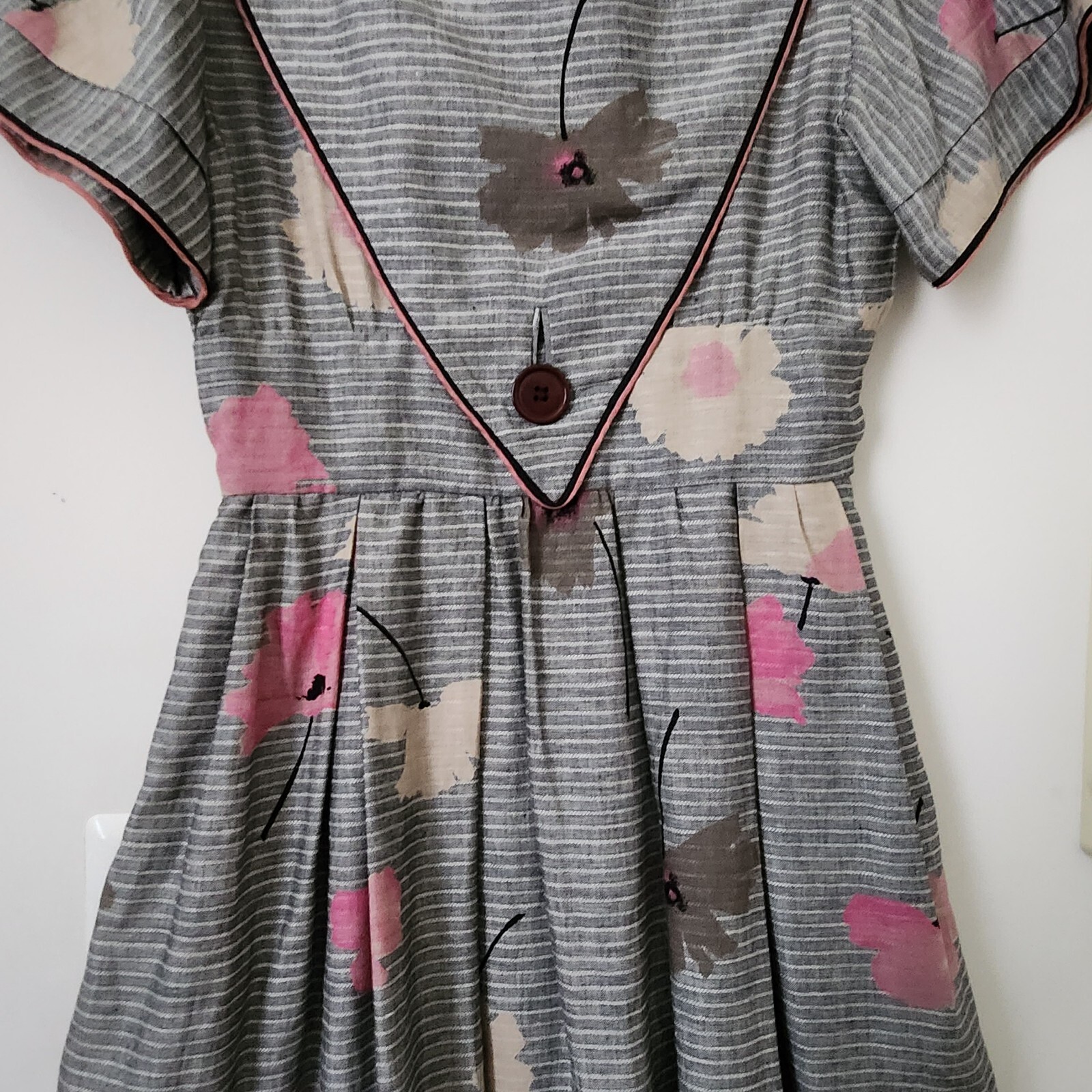 Vintage Albert Nipon Linen Cotton Gray Striped Floral Prints Dress 4 Pockets
