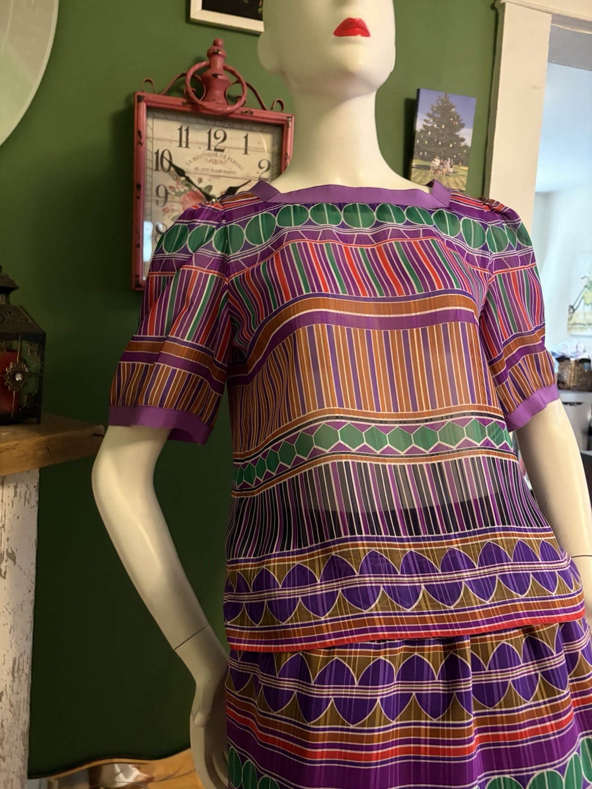 Vtg Willroy Traveler Graphic Print Bold Colors Sheer Set Dress Skirt & Top 36/30