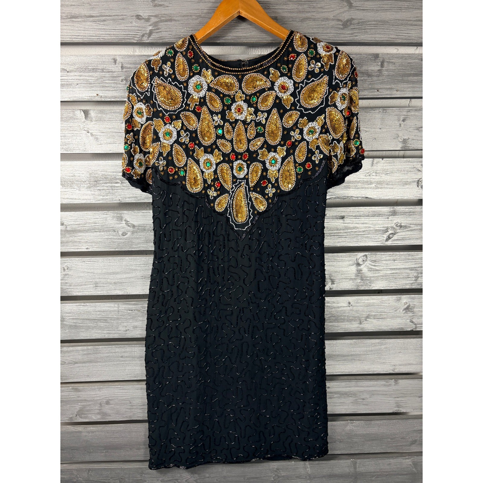 Swee Lo Vintage Black Silk Beaded Mini Dress Sequin Flapper Womens Small EUC