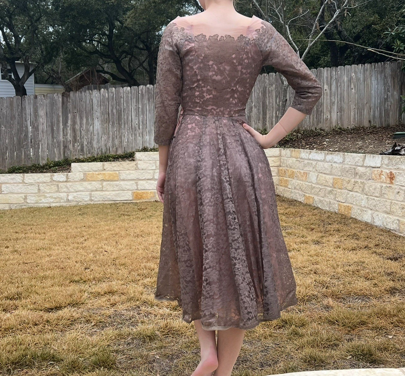 Vtg 1950s Emma Domb Pink Lace Party Dress Tea Fit & Flare Illusion Size XS *read