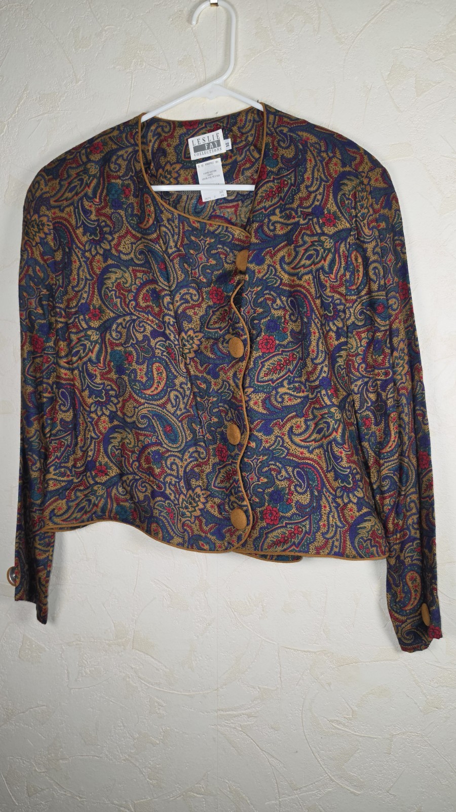 Vtg 80s Leslie Fay Jewel Tone Paisley Bolero Blazer Cropped jacket boho Large