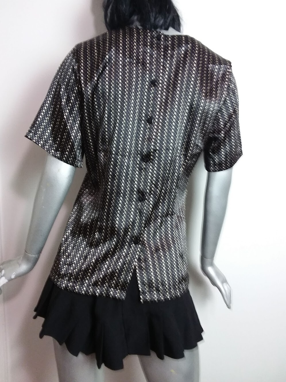 Christie & Jill Size 10 Blouse Black/Tan Polka Dots Short Sleeve Disco Vintage