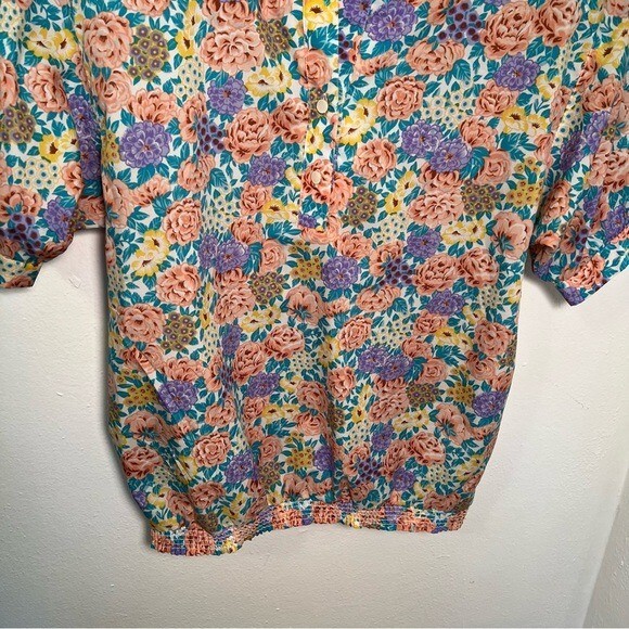 Vintage Loubella Women’s Size 12 Popover Blouse Purple Teal Floral Half Button
