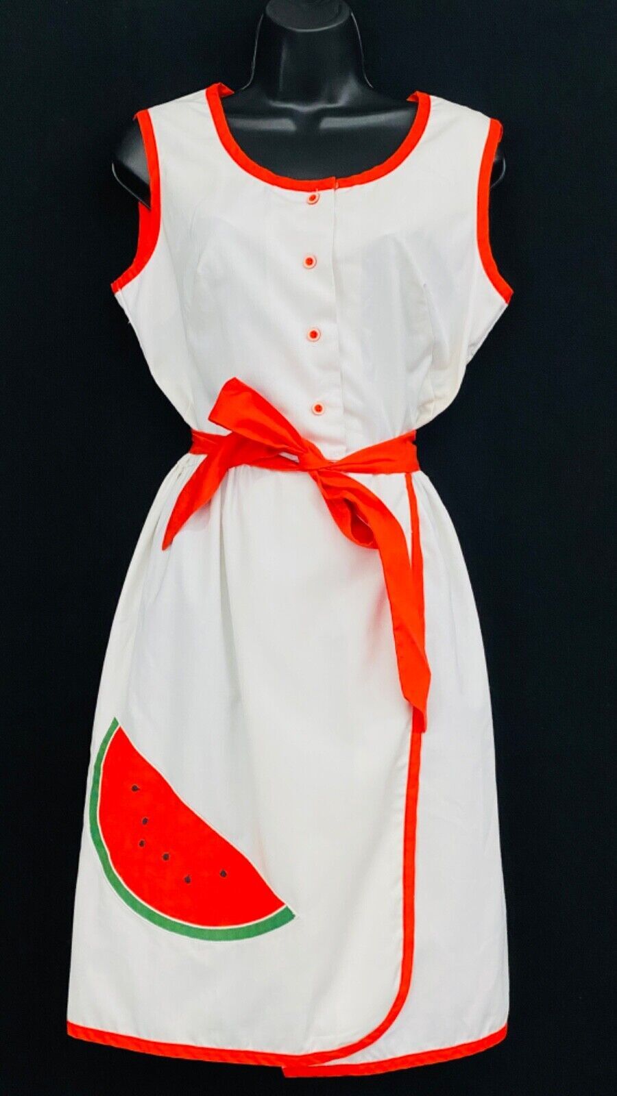 Vintage 1970s white dress, red watermelon novelty print sleeveless deadstock L