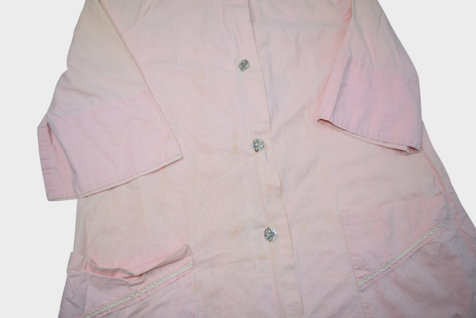 Vintage 50s Dress Womens L Pink House Day Short Sleeve Shirt Gown Jewel Buttons