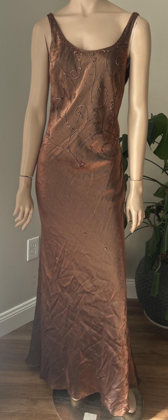 Vintage 80s 90s Slip Silky Maxi Bronze Gold Metallic Dress Beaded
