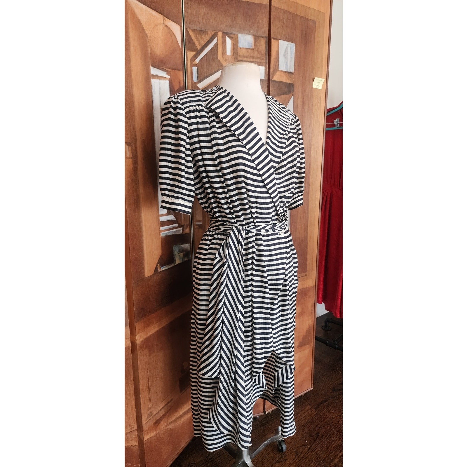 Vintage 1980s Archival Armani Dress Silk Striped Wrap Midi White Label IT 38